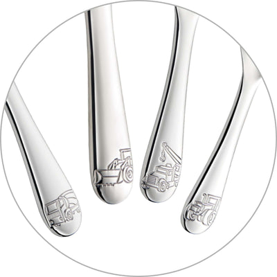 Kinderbesteck-Set von Kuppels, 4-teilig, mit Baustellenhelfen-Design, kindgerechte Gabel, Messer, Löffel und Besteck.