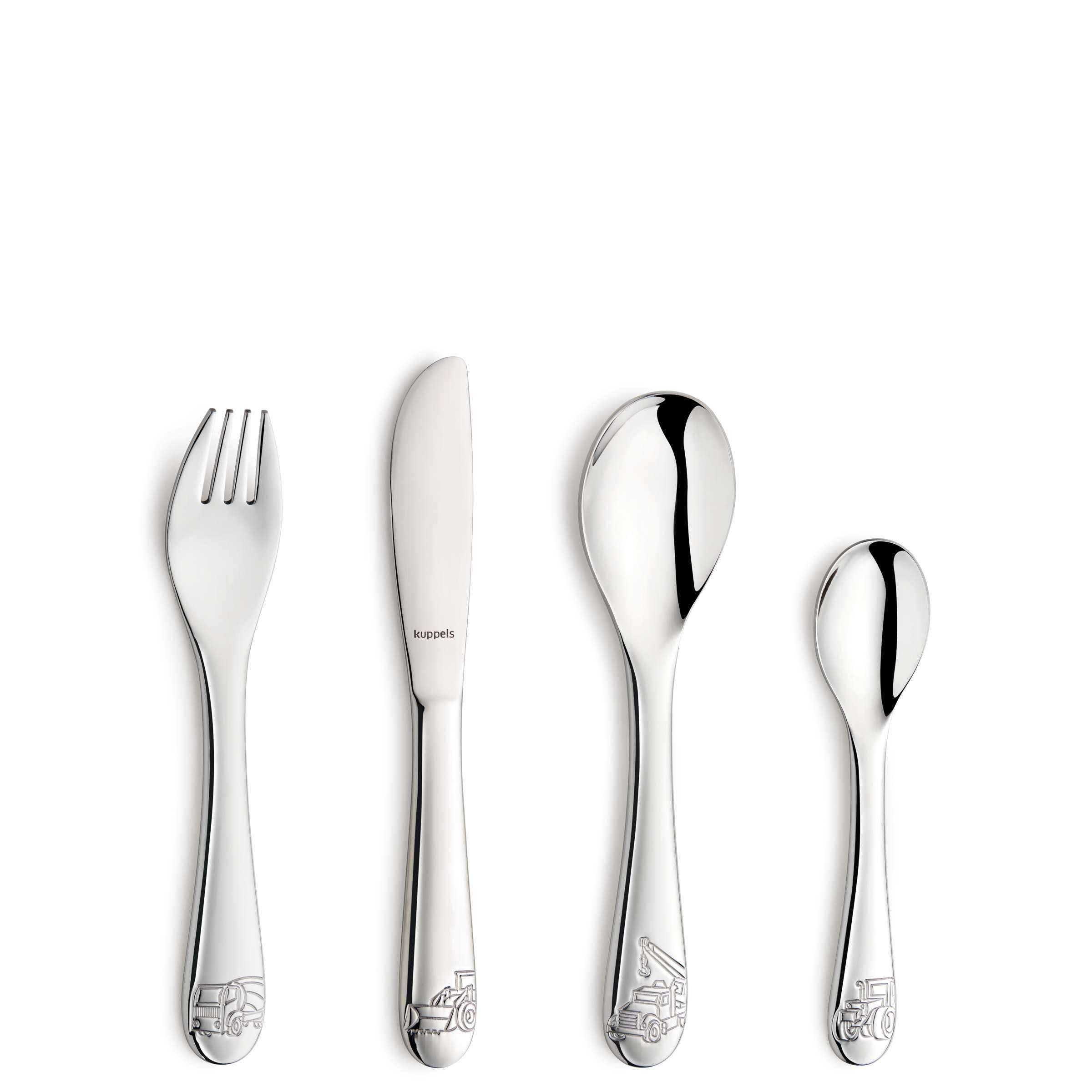 Kinderbesteck Set von Kuppels, 4-teilig, kindgerechtes Besteck für Kinder, inklusive Gabel, Messer, Löffel und Teelöffel.