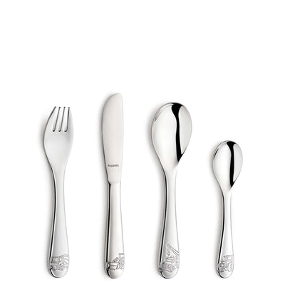 Kinderbesteck Set von Kuppels, 4-teilig, kindgerechtes Besteck für Kinder, inklusive Gabel, Messer, Löffel und Teelöffel.