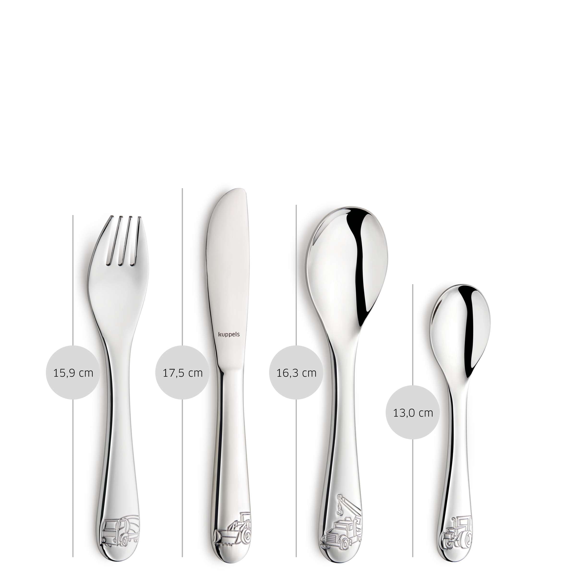 Kinderbesteck Set von Kuppels, 4-teilig, aus Edelstahl, kindgerechtes Design für kleine Hände, ideal für Kinder beim Essen.