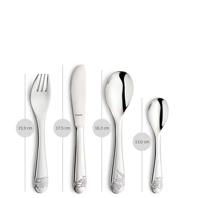 Kinderbesteck Set von Kuppels, 4-teilig, aus Edelstahl, kindgerechtes Design für kleine Hände, ideal für Kinder beim Essen.