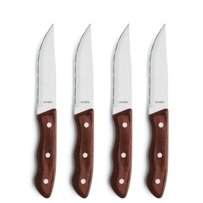 Amefa HERCULE Steakmesser Set, 4-teilig, mit Holzgriff aus Kastanie, hochwertiges Besteck für Steaks und Fleischgerichte