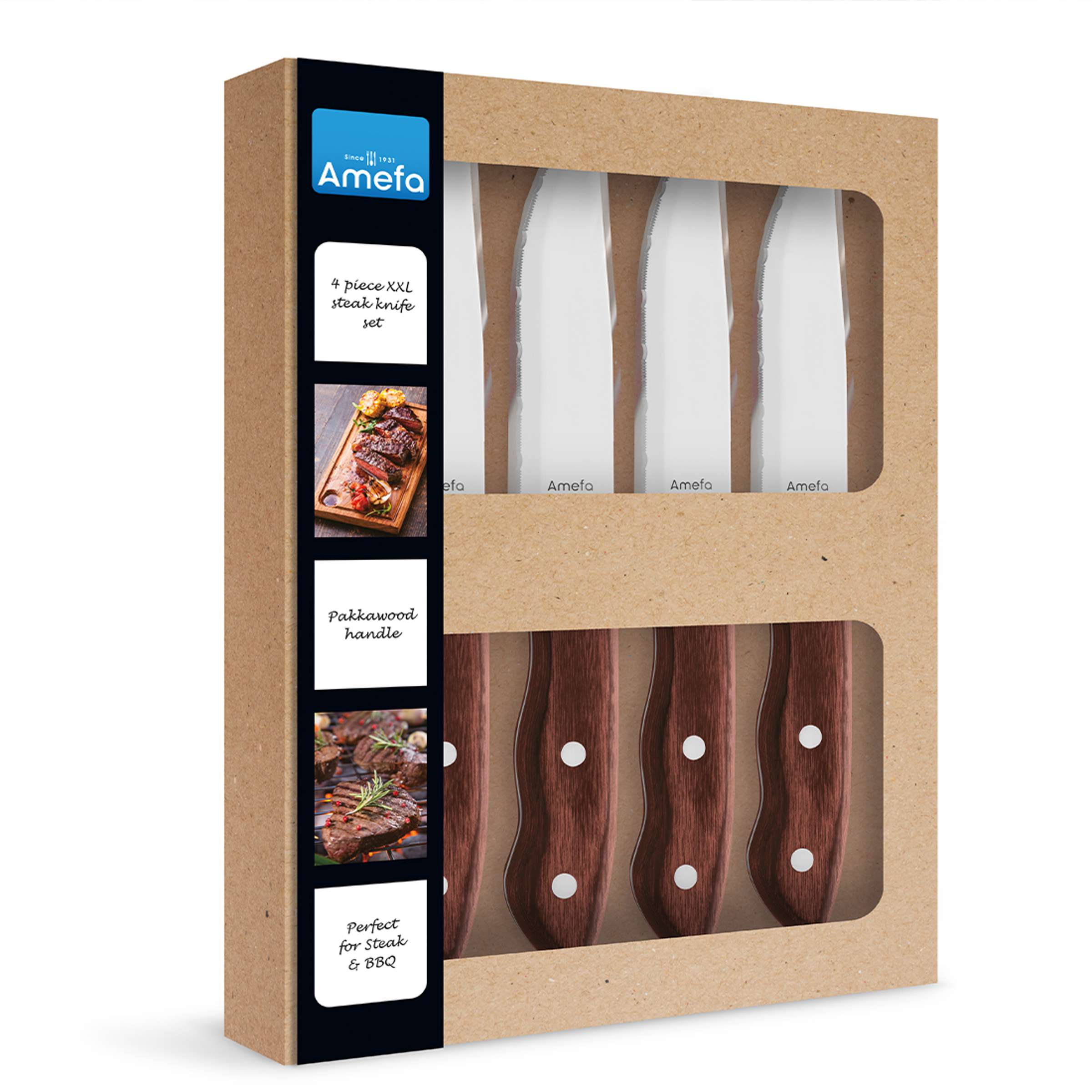 Amefa HERCULE Steakmesser-Set mit 4 Messern aus Kastanie, elegantes Besteck für Grill und Steakgerichte, hochwertige Verarbeitung