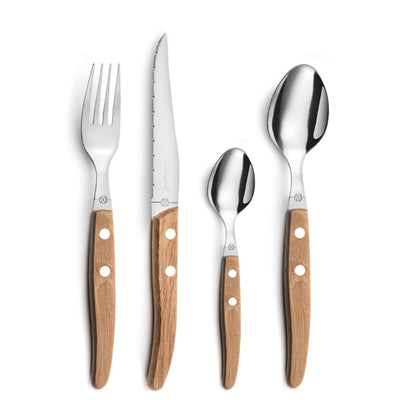 Elegantes Lou Laguiole Besteckset aus Holz, 24-teilig mit Messer, Gabel, Löffel und Teelöffel, stilvoll für Tischdekoration.
