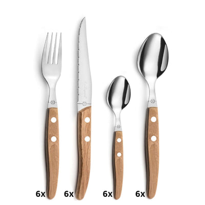 Elegantes Lou Laguiole Besteckset aus Holz, 24-teilig mit Messer, Gabel und Löffel, hochwertiges Geschirr für den Esstisch.