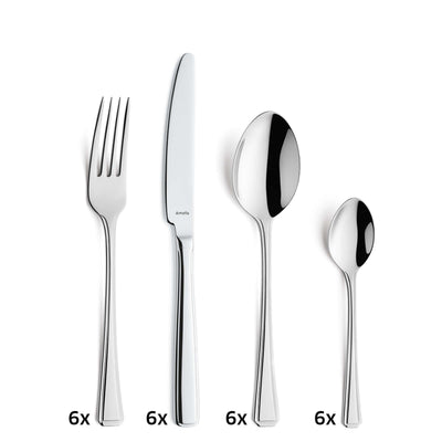 Amefa RITA Besteckset 24-teilig aus Edelstahl mit Gabeln, Messern, Löffeln und Kaffeelöffeln, elegant im Set angeordnet