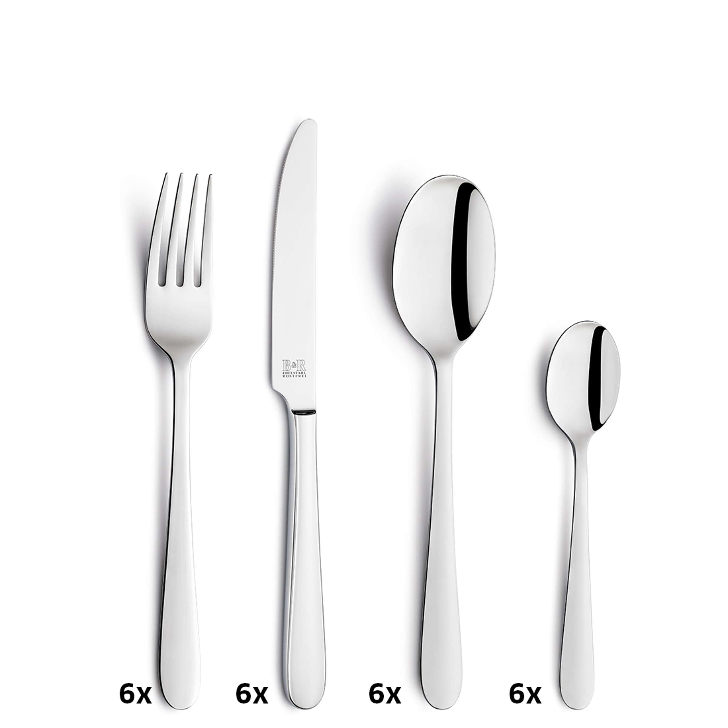 DALI Besteckset 24-teilig von Beckmann & Rommerskirchen, Edelstahl Besteck mit Messer, Gabel, Löffel, auf weißem Hintergrund