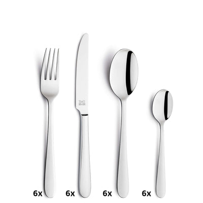 DALI Besteckset 24-teilig von Beckmann & Rommerskirchen, Edelstahl Besteck mit Messer, Gabel, Löffel, auf weißem Hintergrund
