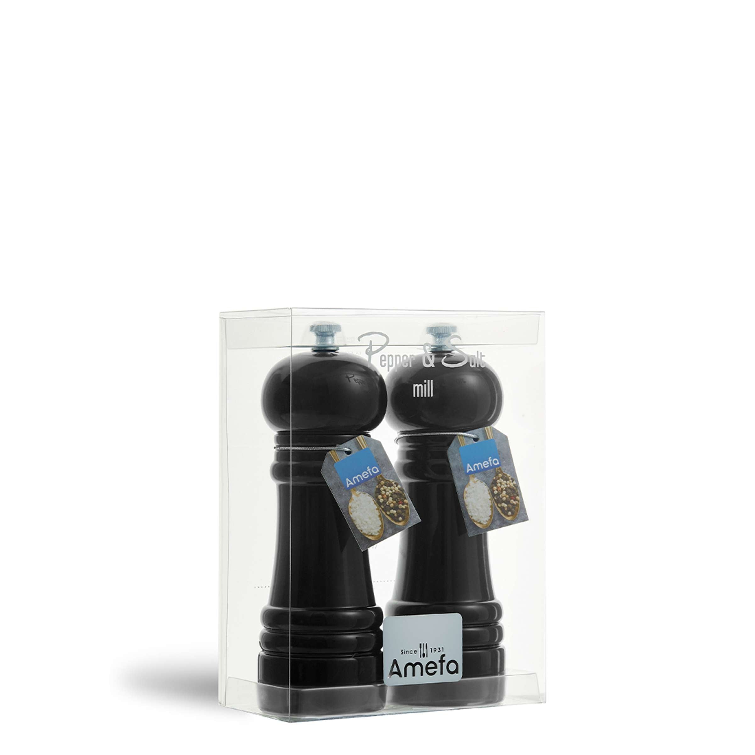 Moderne Salz- und Pfeffermühle von Amefa, 2-teiliges Gewürzmühlen-Set, aus Edelstahl mit transparenten Behältern