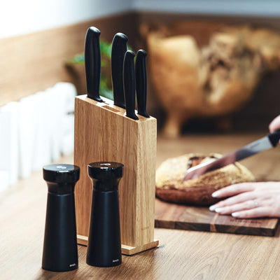 Schwarzer Kuppels BASIC Messerblock 5-teilig mit Messern und Salz-Pfeffermühlen, modernes Holzdesign, Küchenzubehör