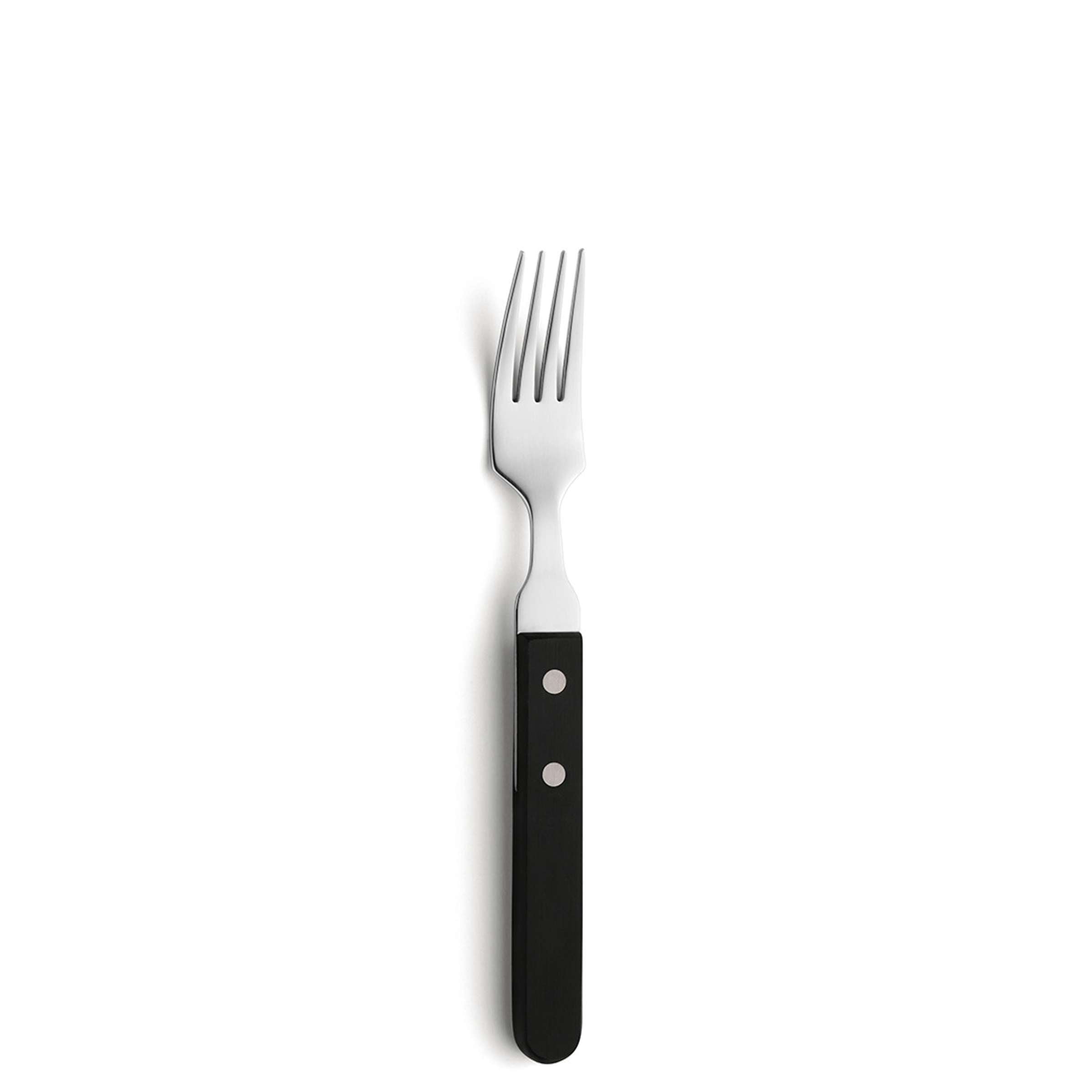 Schwarzfarbenes 6-teiliges Amefa Pizza Steakgabel-Set aus Besteck für Pizza und Steaks auf einem gedeckten Tisch
