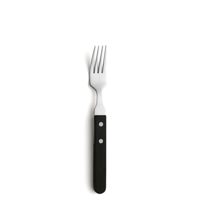 Schwarzfarbenes 6-teiliges Amefa Pizza Steakgabel-Set aus Besteck für Pizza und Steaks auf einem gedeckten Tisch