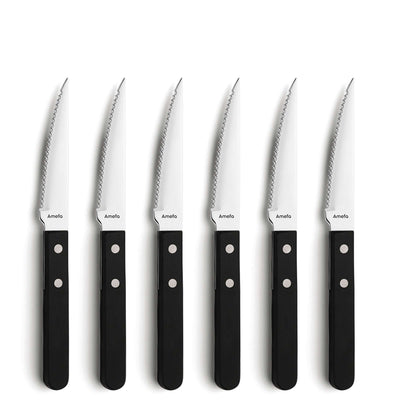 Schwarzes 6-teiliges Steakmesser-Set von Amefa mit eleganten schwarzen Griffen, ideal für das Schneiden von Steaks und Fleisch.