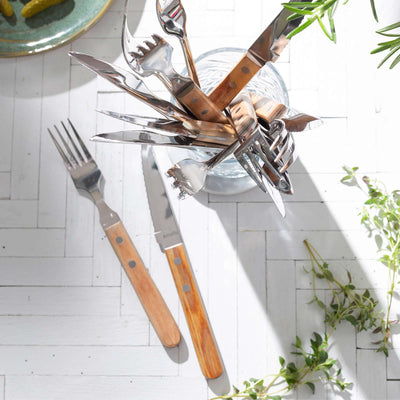Amefa Pizza Steakgabel Set aus 6 Teilen mit Holzgriffen, langlebiges Besteck für Pizza und Steak, stilvoll und funktional
