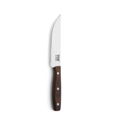 Amefa PORTERHOUSE Steakbesteck Set aus 4 Teilen mit Holzgriff, inklusive Messer, Gabel, Löffel und Steakgabel auf weißem Hintergrund