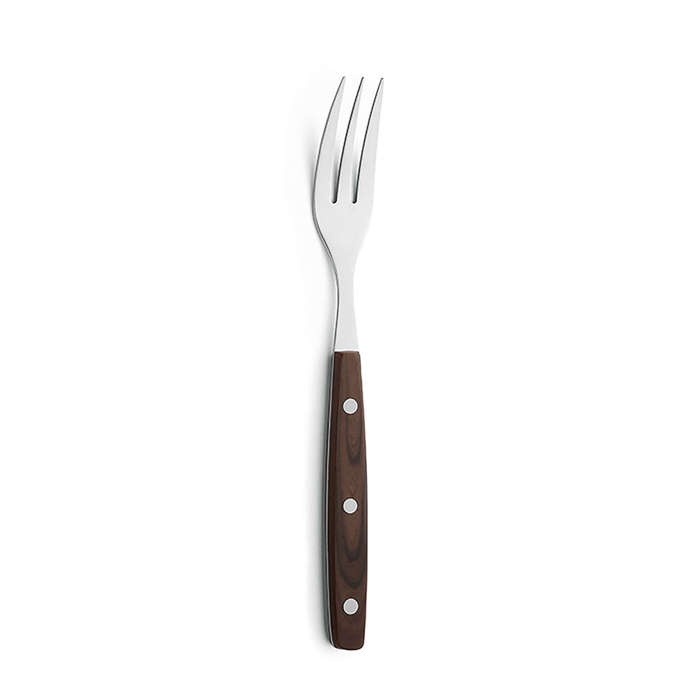 Amefa PORTERHOUSE Steakbesteck Set aus 4 Teilen mit Holzgriff, Messer, Gabel und Zange auf weißem Hintergrund.