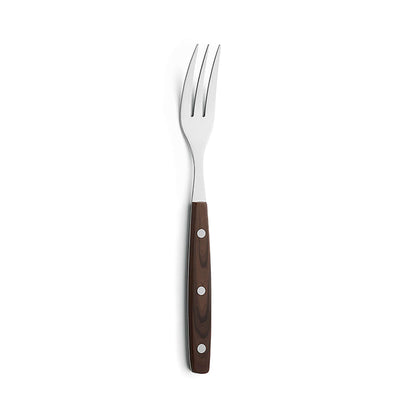 Amefa PORTERHOUSE Steakbesteck Set aus 4 Teilen mit Holzgriff, Messer, Gabel und Zange auf weißem Hintergrund.