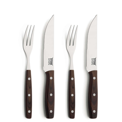 Amefa PORTERHOUSE Steakbesteck Set aus 4 Teilen mit Holzgriff, inklusive Messer, Gabel, Löffel und Steakgabel, auf weißem Hintergrund.