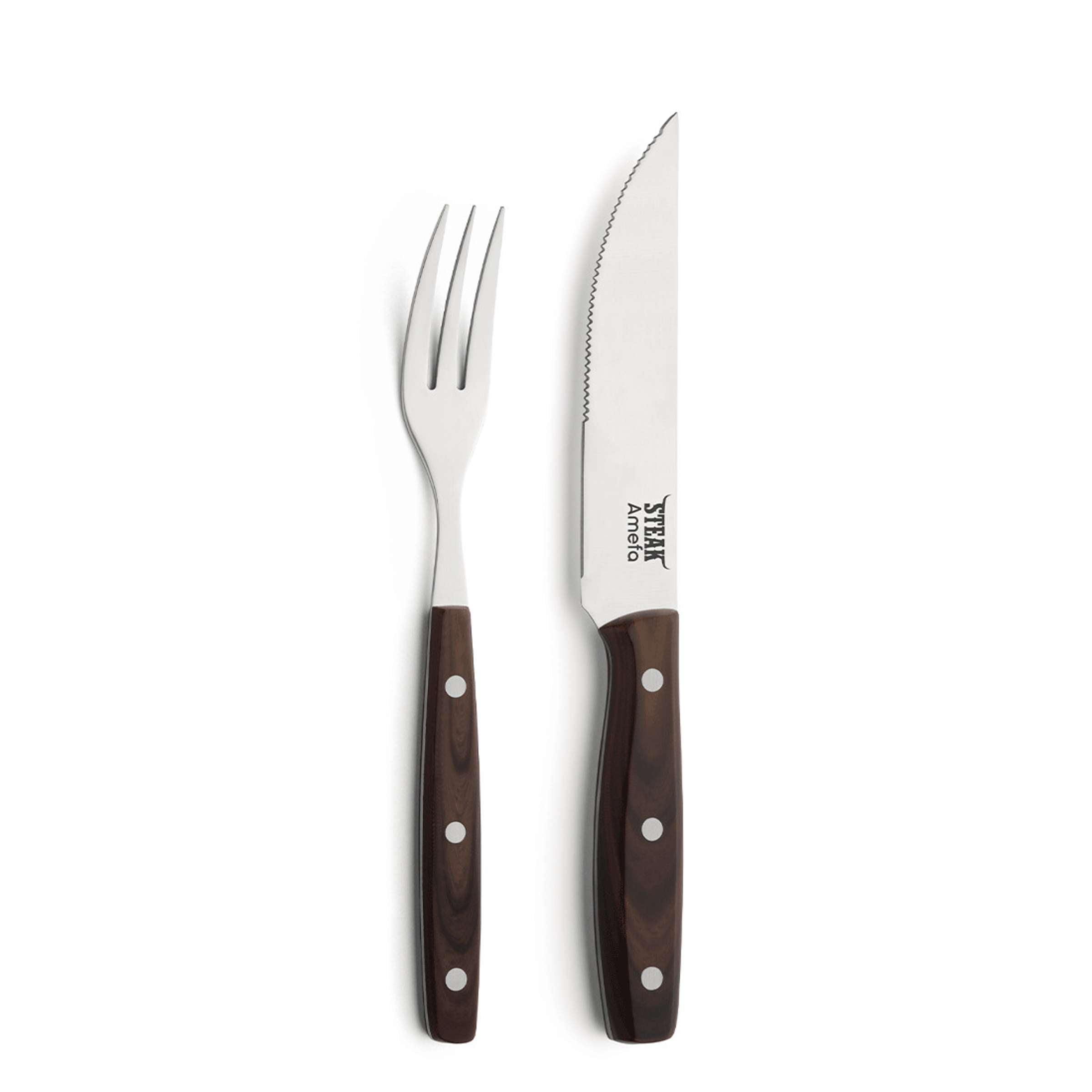 Amefa Porterhouse Steakbesteck-Set mit 4 Teilen aus Edelstahl und Holzgriffen, perfekt für Steakgenuss und elegante Tischgestaltung.