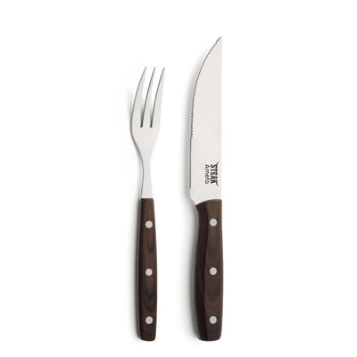 Amefa Porterhouse Steakbesteck-Set mit 4 Teilen aus Edelstahl und Holzgriffen, perfekt für Steakgenuss und elegante Tischgestaltung.