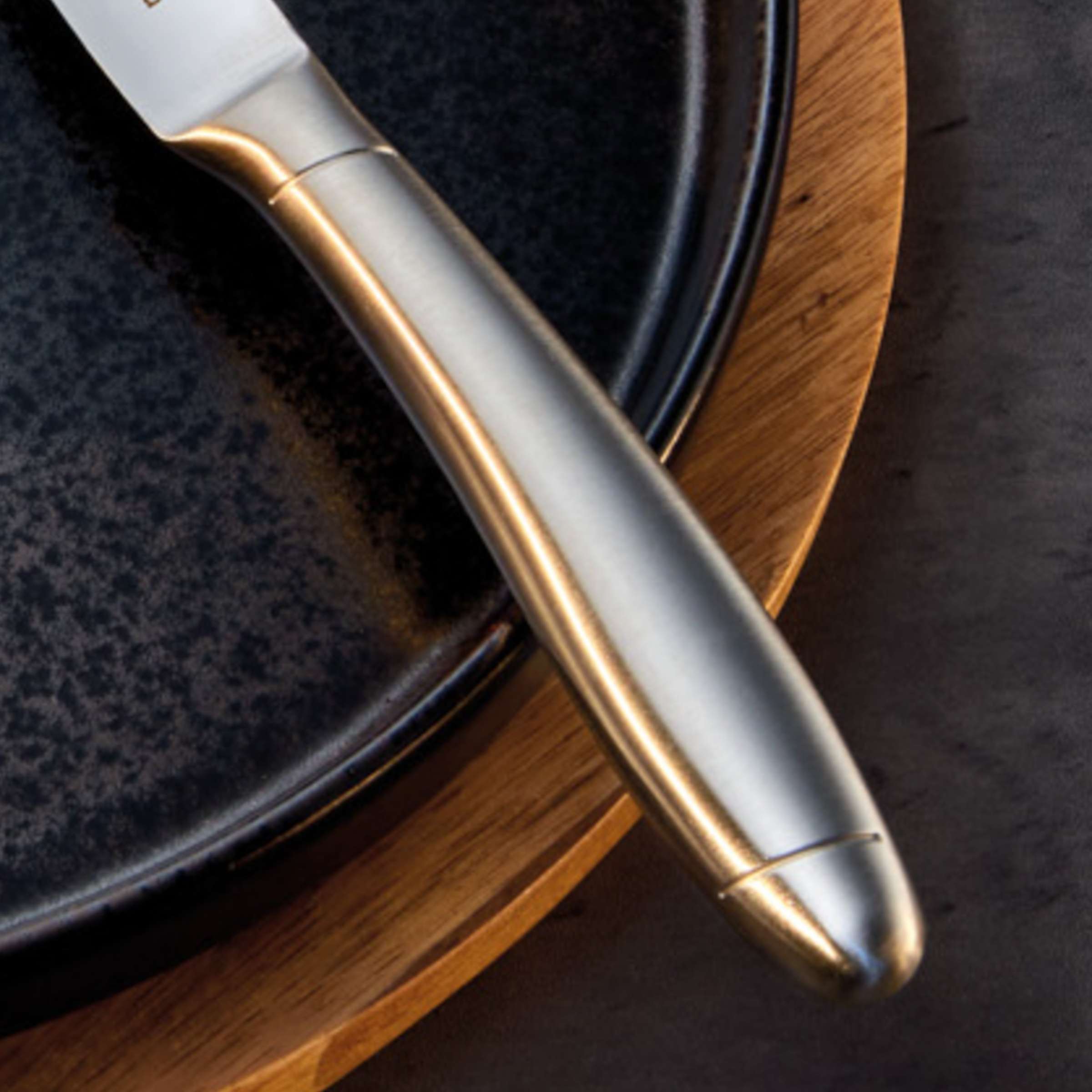 Amefa Prime Rib Steakmesser aus Vollheft, scharfes Messer mit Edelstahlgriff für saftige Steaks, Nahaufnahme auf dunklem Hintergrund