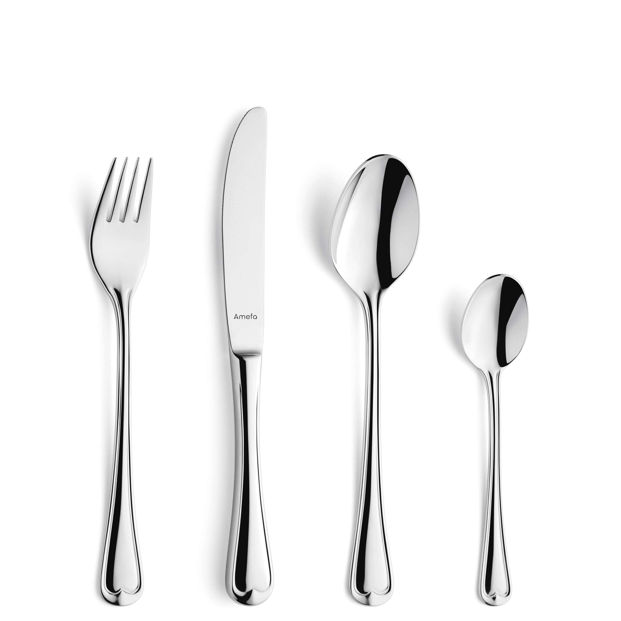 Elegantes 24-teiliges Amefa Besteckset aus Edelstahl, inklusive Gabeln, Messer, Löffel und Teelöffel, auf weißem Hintergrund.