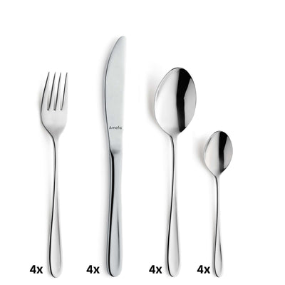 Amefa MONACO Besteckset 24-teilig mit Messer, Gabel, Löffel aus Edelstahl auf weißem Hintergrund.
