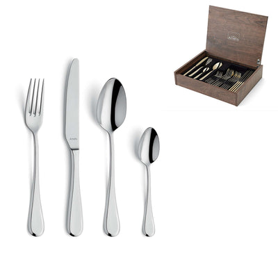 Amefa DRIFT Besteckset 24-teilig mit Messer, Gabel, Löffel auf weißem Hintergrund, hochwertiges Edelstahlbesteck für den Alltag