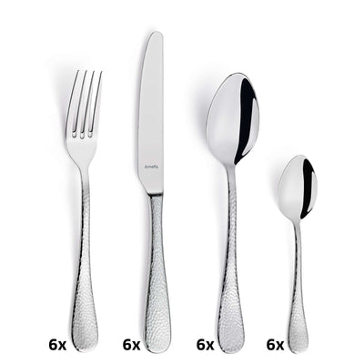 Amefa Sierra Besteckset 24-teilig mit Messer, Gabel, Löffel aus Edelstahl, elegant und modern für den Esstisch.