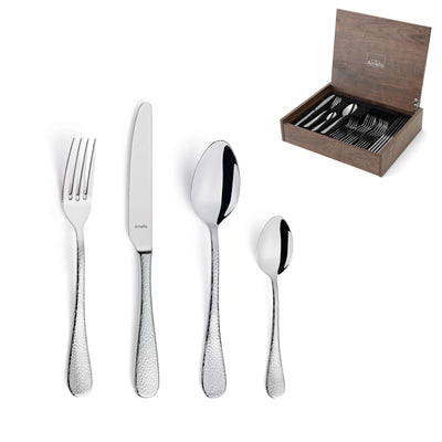 Amefa Sierra Besteckset 24-teilig mit Messer, Gabel, Löffel aus Edelstahl auf weißem Hintergrund.