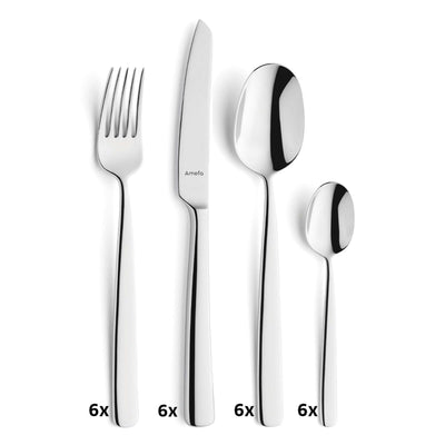 Amefa TOKYO Besteckset 24-teilig mit Messer, Gabel, Löffel aus Edelstahl auf weißem Hintergrund.