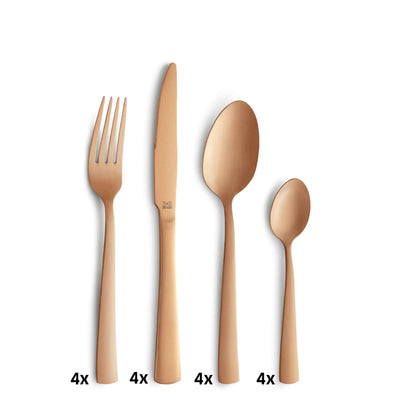 16-teiliges Besteckset von Beckmann & Rommerskirchen, PADINA, PVD kupfer-mattiert, Edelstahl, Messer, Gabeln, Löffel, stilvoll und modern