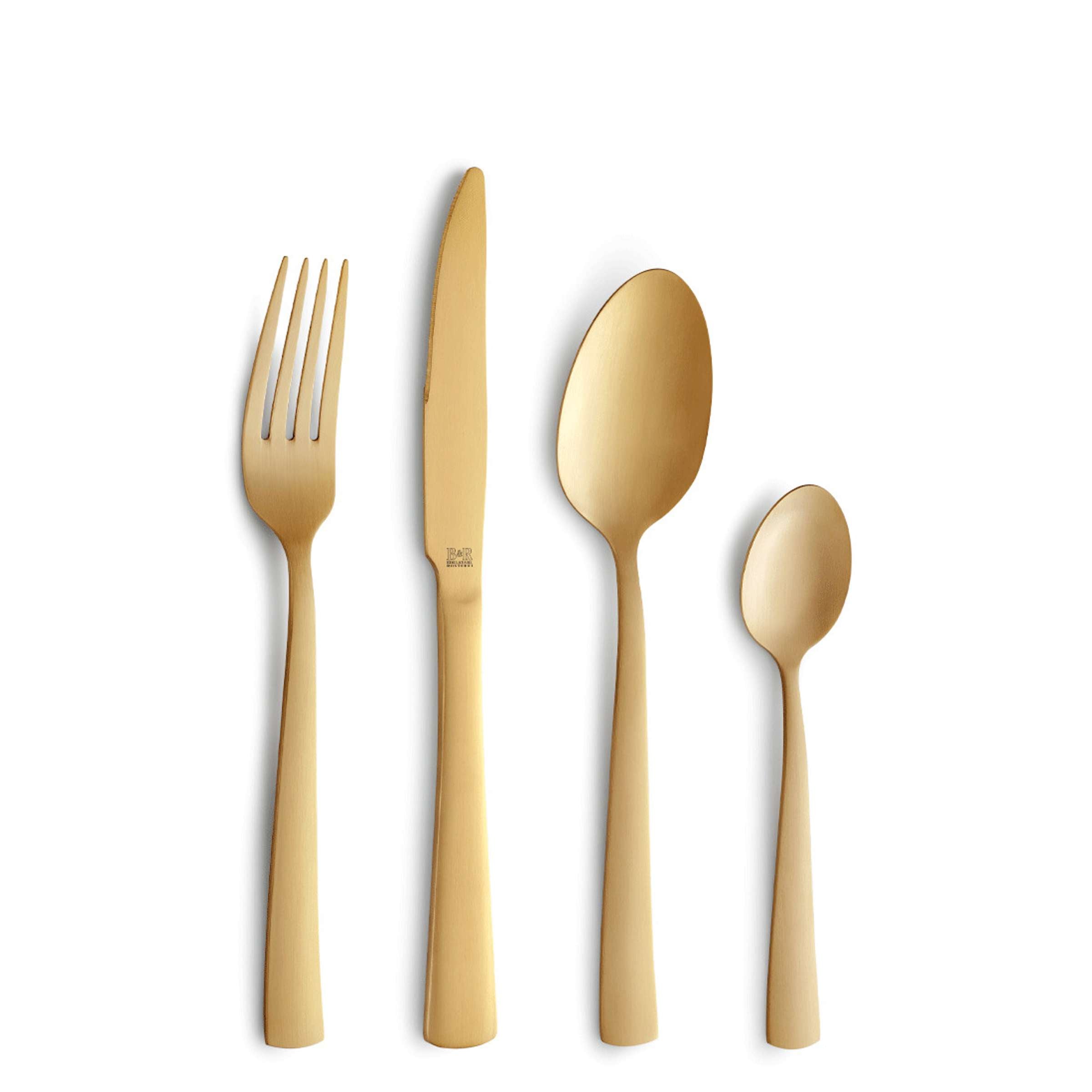 16-teiliges Besteckset von Beckmann & Rommerskirchen in champagner mattiert, inklusive Messer, Gabel, Löffel und Teelöffel.