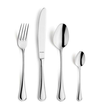 Amefa HAYDN Besteckset 24-teilig, inklusive Messer, Gabeln, Löffel, aus Edelstahl, auf einem weißen Tisch arrangiert.