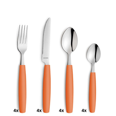 Valoa Besteckset 16-teilig von Amefa, orange Edelstahl Messer, Gabeln, Löffel, perfekt für den Esstisch, modernes Design
