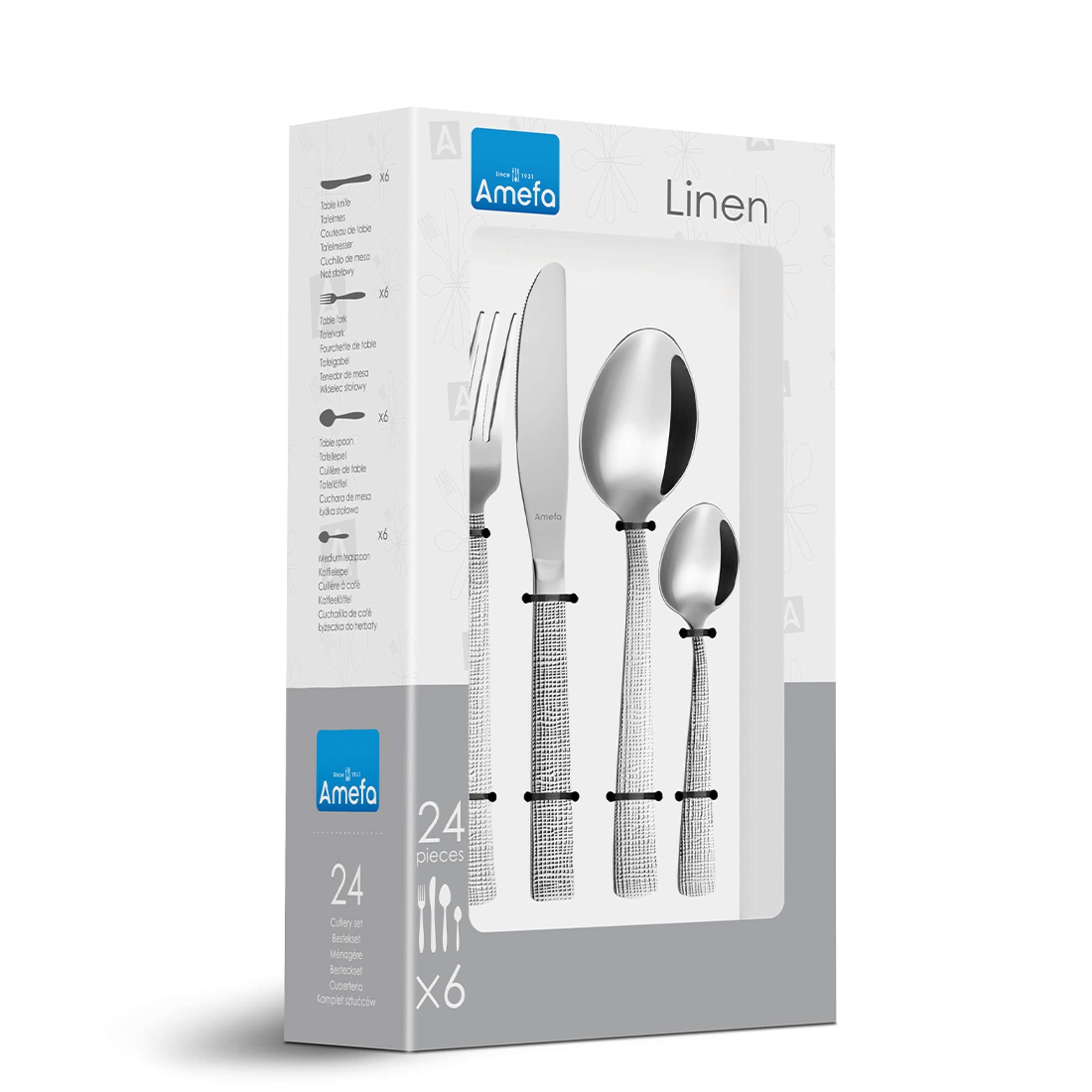 Amefa LINEN Besteckset, 24-teilig, glattes Edelstahl, in Verpackung mit Messer, Gabel, Löffel und Teelöffel.