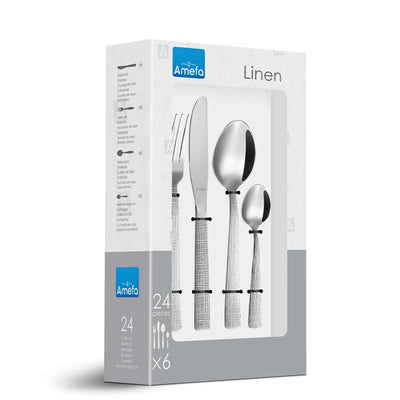 Amefa LINEN Besteckset, 24-teilig, glattes Edelstahl, in Verpackung mit Messer, Gabel, Löffel und Teelöffel.