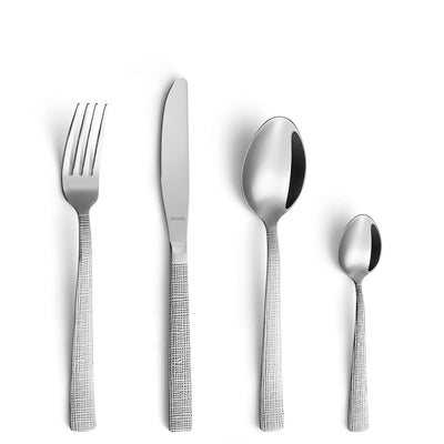 Amefa LINEN Besteckset 24-teilig, Messer, Gabeln, Löffel aus Edelstahl auf weißem Hintergrund, elegante Besteckkollektion