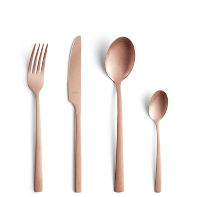 16-teiliges MANILLE Besteckset von Amefa mit PVD kupferfarbenem Vintage-Design, besteht aus Messer, Gabeln, Löffeln und Kaffeelöffeln