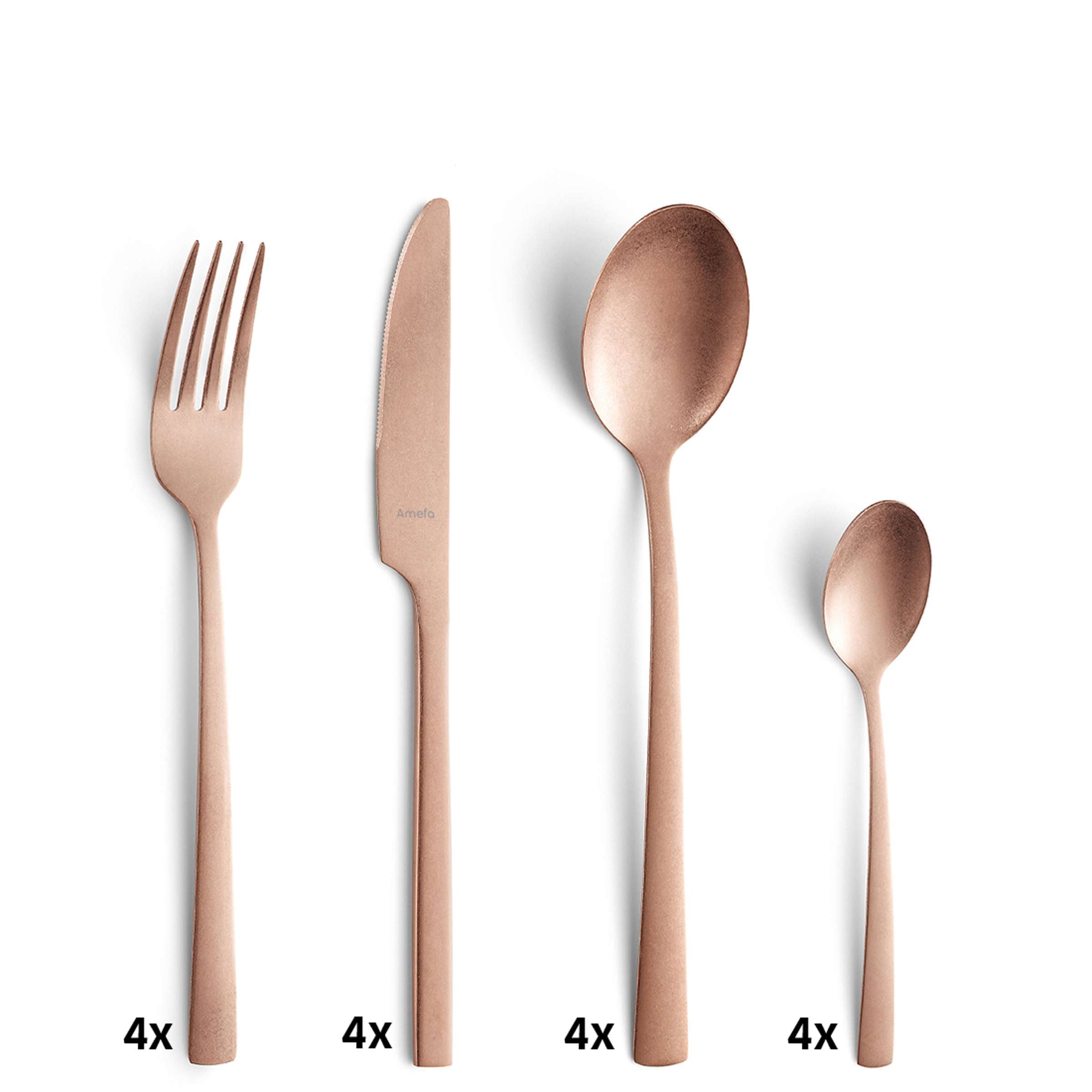 16-teiliges Amefa Besteckset aus PVD kupfer, Vintage-Design, Messer, Gabel, Löffel, stilvolle Essbestecke im Bild