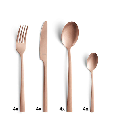 16-teiliges Amefa Besteckset aus PVD kupfer, Vintage-Design, Messer, Gabel, Löffel, stilvolle Essbestecke im Bild