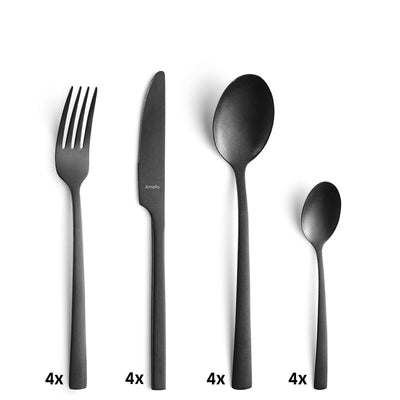16-teiliges MANILLE Besteckset von Amefa in schwarzem PVD-Finish, vintage Design, bestehend aus Messer, Gabel, Löffel und Teelöffel