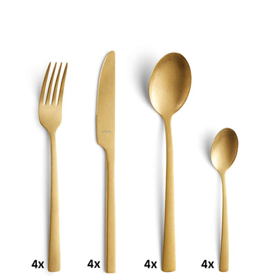 16-teiliges Amefa MANILLE Besteckset aus PVD gold mit Vintage-Design, elegante Messer, Gabeln, Löffel für stilvollen Esstisch