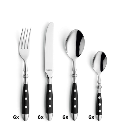 Schwarzes COUNTRY Besteckset 24-teilig von Kuppels, Messer, Gabeln und Löffel aus hochwertigem Edelstahl auf weißem Hintergrund