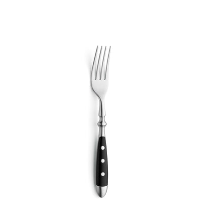 Schwarz lackiertes COUNTRY Besteckset 30-teilig von Kuppels mit Messer, Gabel, Löffel und Teelöffel auf weißem Hintergrund.