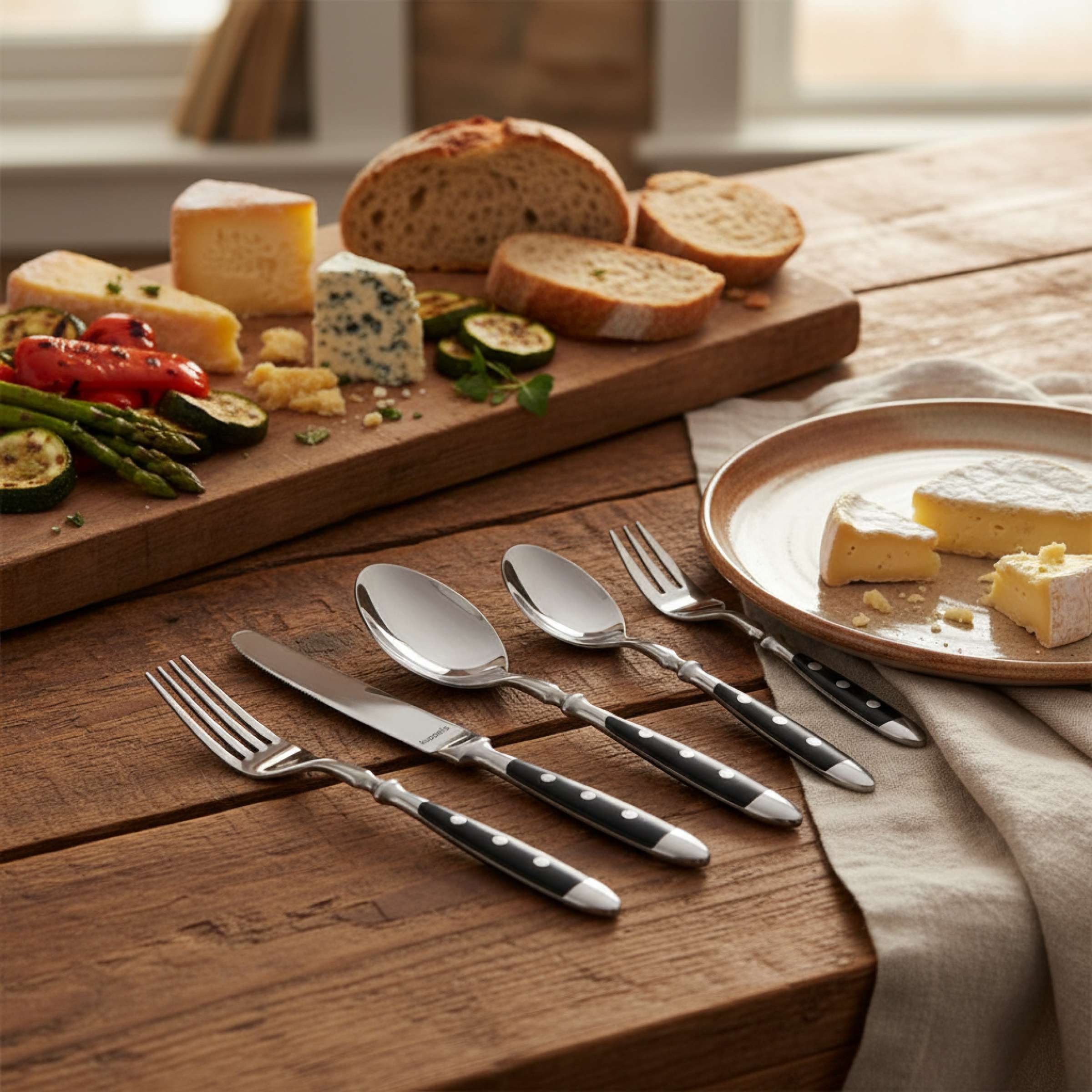 Schwarzfarbenes COUNTRY Besteckset 30-teilig von Kuppels mit Messer, Gabel, Löffel und Teelöffel auf stimmungsvoller Kulisse