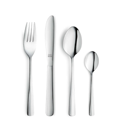 Amefa RIVA Besteckset aus 24 Teilen mit Messer, Gabel, Löffel und Teelöffel, elegant auf weißem Hintergrund arrangiert
