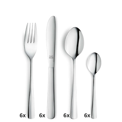 Amefa RIVA Besteckset aus 24 Teilen, inklusive Messer, Gabeln, Löffel und Teelöffel, elegant auf weißem Hintergrund präsentiert.