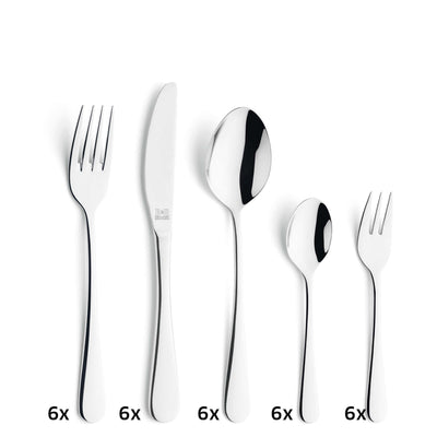 VIVA Besteckset 30-teilig von Amefa, Edelstahl Besteck mit Gabeln, Messern und Löffeln, elegant auf weißem Hintergrund.