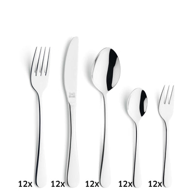 VIVA Besteckset 60-teilig von Amefa, vollständig aus Edelstahl, zeigt Messer, Gabeln und Löffel auf einem weißen Hintergrund.